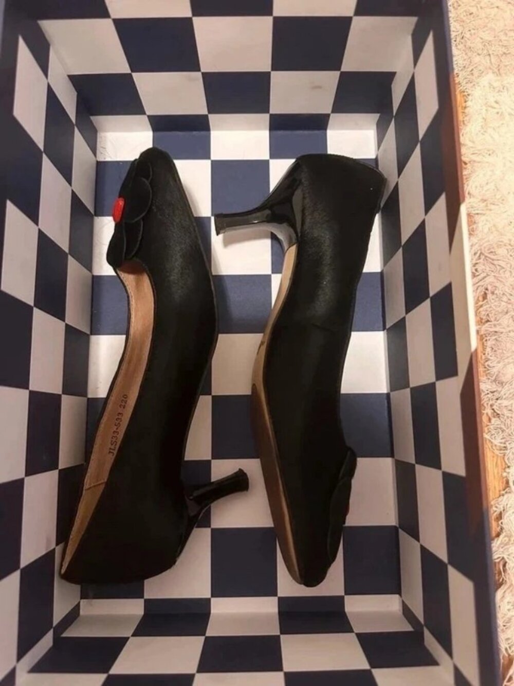 Black Velvet Kitten Heel Pumps with Floral Appliqué